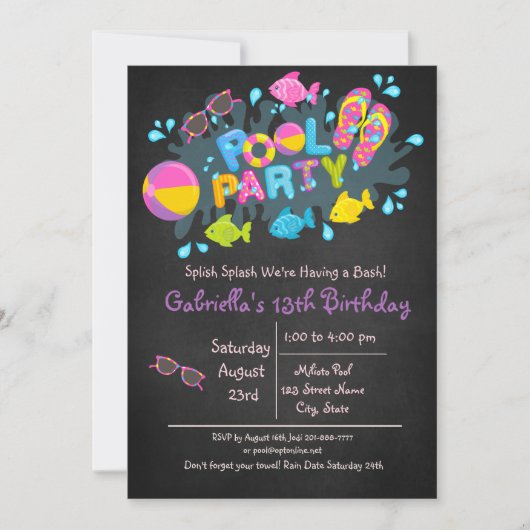 女の子がBashプー来ルパーティーに飛び散る 招待状 (正面)