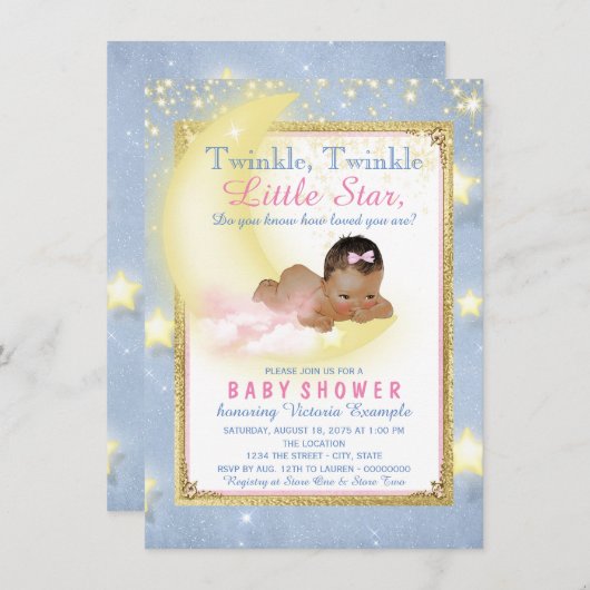 女の子きらびやかな小さな星の赤ちゃんシャワー 招待状 (正面/裏面)