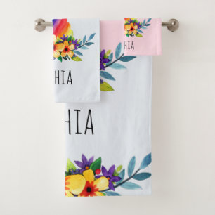 女の子たちがかわいい虹の一角獣の花と子どもの名前を教える バスタオルセット