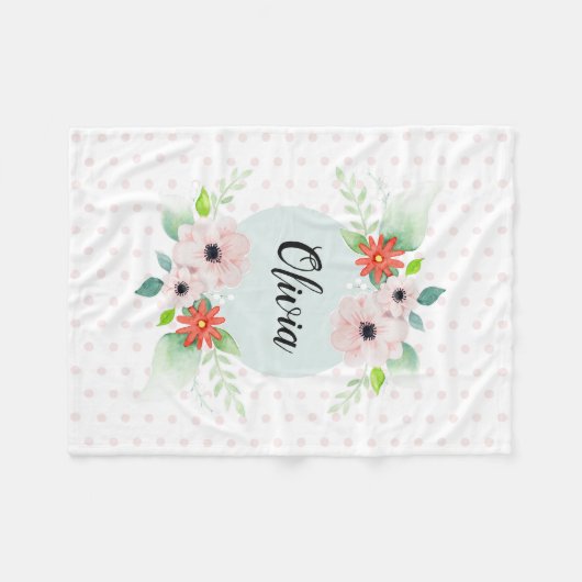 女の子たちがかわいエレガントい水彩の花と子どもたちの名前 フリースブランケット (正面(横))