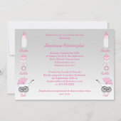 女の子たちがガラガラと転が銀色のピンクのベビーシャワーを浴びる 招待状 (裏面)