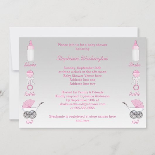 女の子たちがガラガラと転が銀色のピンクのベビーシャワーを浴びる 招待状 (裏面)