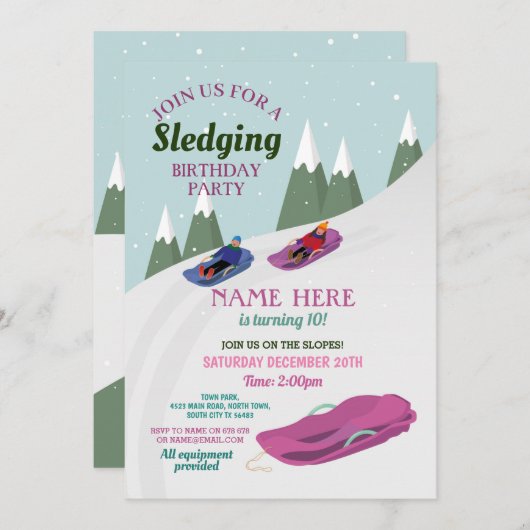 女の子たちが誕生日パーティーで雪をそりで流す 招待状 (正面/裏面)