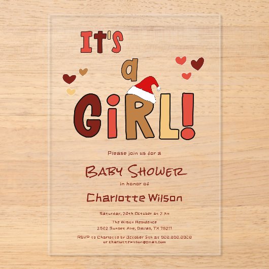 女の子だよ!クリスマスサンタ帽 ベビーシャワー アクリル招待状 (正面)