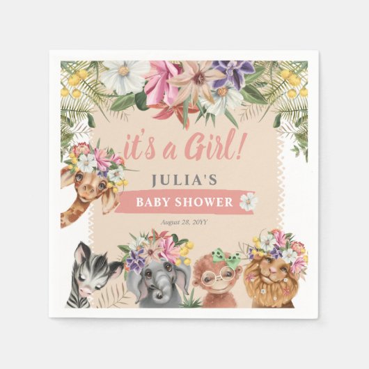 女の子だ！かわいいサファリ動物の赤ちゃんシャワー スタンダードカクテルナプキン (正面)