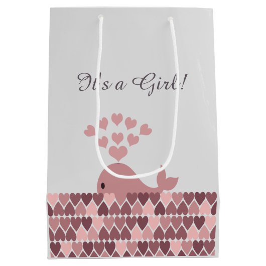 女の子だ!かわいいピンクのクジラ ミディアムペーパーバッグ (裏面)