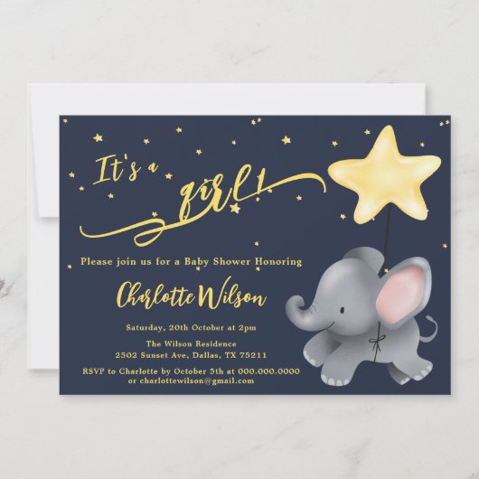 女の子だ!かわいいベビーゾウ赤ちゃんシャワー 招待状 (正面)
