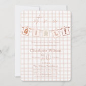 女の子だ！かわいい茶色のギンガムベビーシャワー 招待状 (正面)