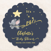 女の子だ!かわいい象とバルーン赤ちゃんシャワー ペーパーコースター (正面)