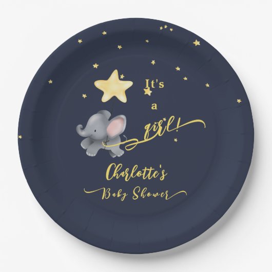 女の子だ！かわいい象とバルーン赤ちゃんシャワー ペーパープレート (正面)