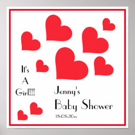 女の子だ！ – かわいい赤いハートカスタムの赤ちゃんシャワー ポスター