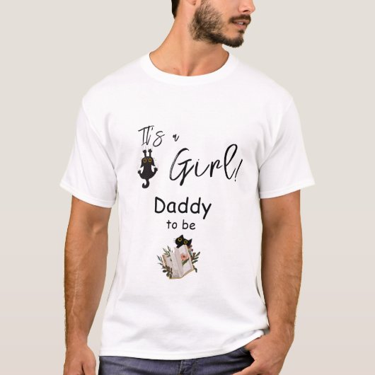 女の子だ！かわいい黒猫と本のパパになる Tシャツ (正面)