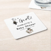 女の子だ!かわいい黒猫と本の赤ちゃんシャワー スクエアペーパーコースター (アングル)