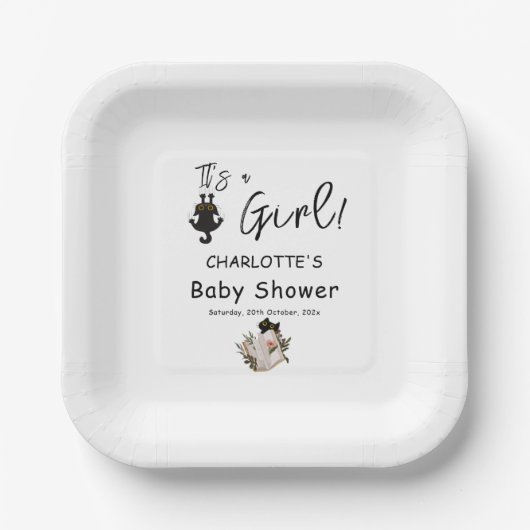 女の子だ！かわいい黒猫と本の赤ちゃんシャワー ペーパープレート (正面)