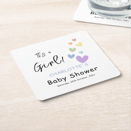 女の子だ！かわいい&カラフルハートベビーシャワー スクエアペーパーコースター (アングル)