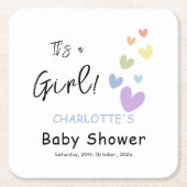 女の子だ！かわいい&カラフルハートベビーシャワー スクエアペーパーコースター (正面)