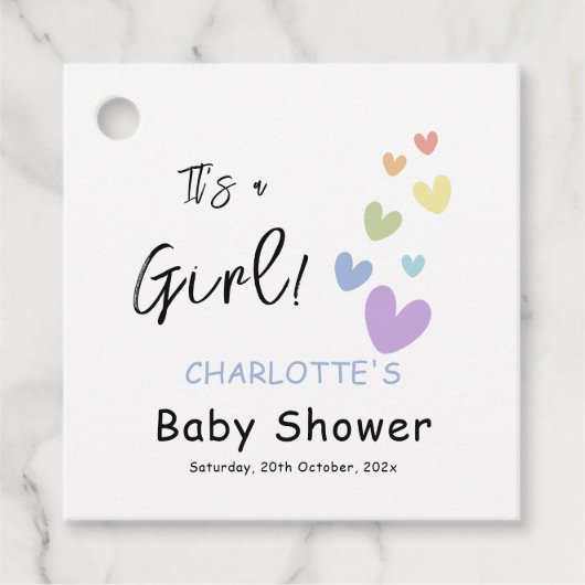 女の子だ！かわいい&カラフルハートベビーシャワー フェイバータグ (正面)