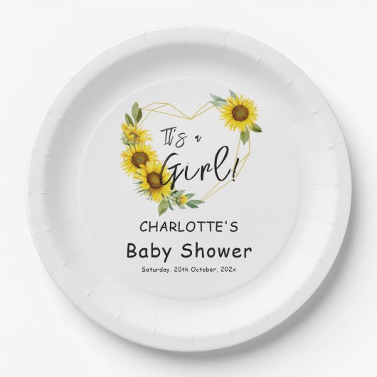 女の子だ！ひまわりフレーム赤ちゃんシャワー ペーパープレート (正面)