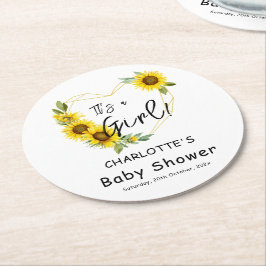 女の子だ！ひまわりフレーム赤ちゃんシャワー ラウンドペーパーコースター