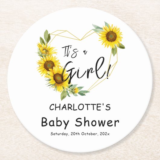 女の子だ!ひまわりフレーム赤ちゃんシャワー ラウンドペーパーコースター (正面)