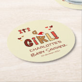 女の子だ！クリスマスサンタハット赤ちゃんシャワー ラウンドペーパーコースター (アングル)