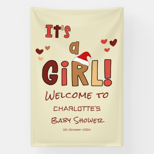 女の子だ!クリスマスサンタハット赤ちゃんシャワー 横断幕 (縦)