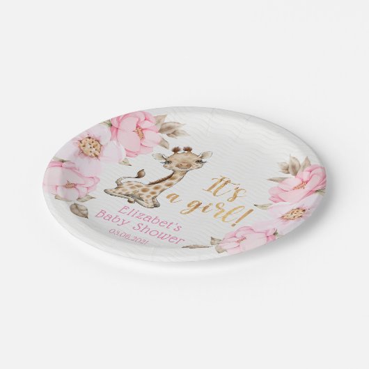 女の子だ！サファリの動物の赤ちゃんシャワー ペーパープレート (アングル)
