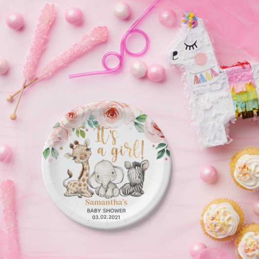 女の子だ！サファリの動物の赤ちゃんシャワー ペーパープレート (パーティー)