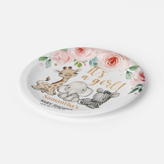 女の子だ！サファリの動物の赤ちゃんシャワー ペーパープレート (アングル)
