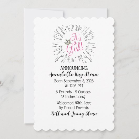 「女の子だ!」 ティアラベビーの発表 招待状 (正面)