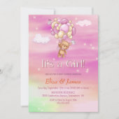 女の子だ！テディベアーピンクバルーン赤ちゃんシャワー 招待状 (正面)