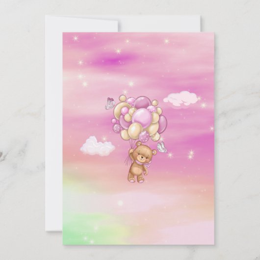 女の子だ！テディベアーピンクバルーン赤ちゃんシャワー 招待状 (裏面)