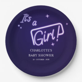 女の子だ！パープルネオン文字ベビーシャワー ペーパープレート