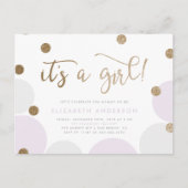 女の子だ！ |パープル&金ゴールド紙吹雪ベビーシャワー インビテーションポストカード (正面)