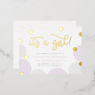 女の子だ！  パープル&金ゴールド紙吹雪ベビーシャワー 箔招待状ポストカード