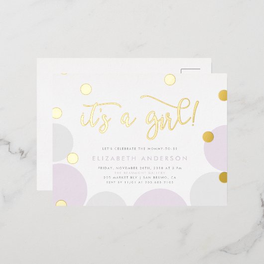 女の子だ！ |パープル&金ゴールド紙吹雪ベビーシャワー 箔招待状ポストカード (正面/裏面)