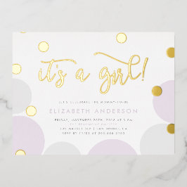 女の子だ！ |パープル&金ゴールド紙吹雪ベビーシャワー 箔招待状ポストカード