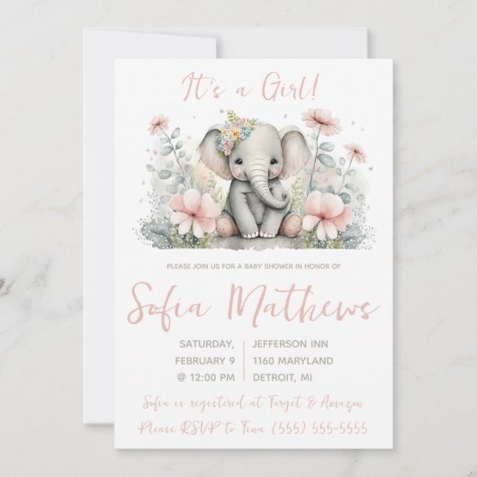 女の子だ!ピンクとグレーの象の赤ちゃんシャワー 招待状 (正面)