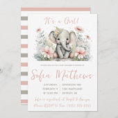 女の子だ!ピンクとグレーの象の赤ちゃんシャワー 招待状 (正面/裏面)