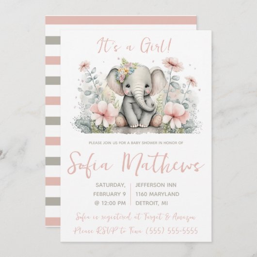 女の子だ!ピンクとグレーの象の赤ちゃんシャワー 招待状 (正面/裏面)