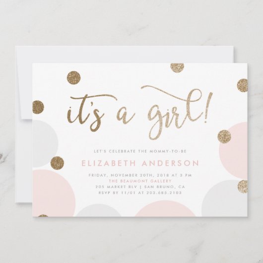 女の子だ！ |ピンクと金ゴールドの紙吹雪ベビーシャワー 招待状 (正面)