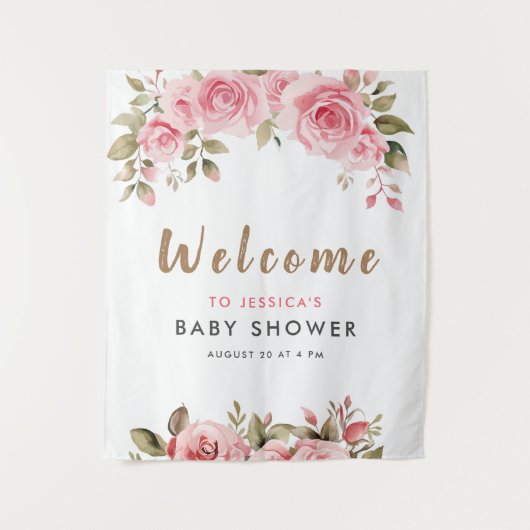 女の子だ！ピンクのフローラ水色ベビーシャワー タペストリー (正面)
