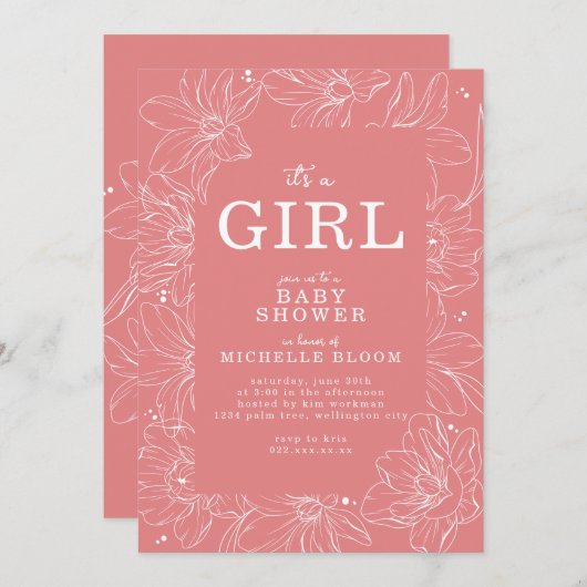 「女の子だ」ピンクのフローラ赤ちゃんシャワー招待状 招待状 (正面/裏面)