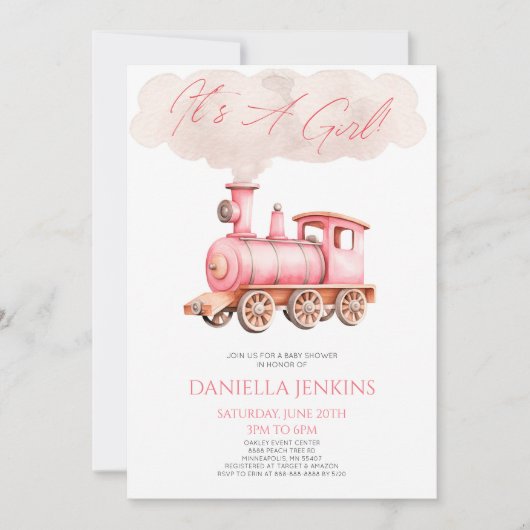 女の子だ！ピンクのヴィンテージ列車の赤ちゃんシャワー 招待状 (正面)