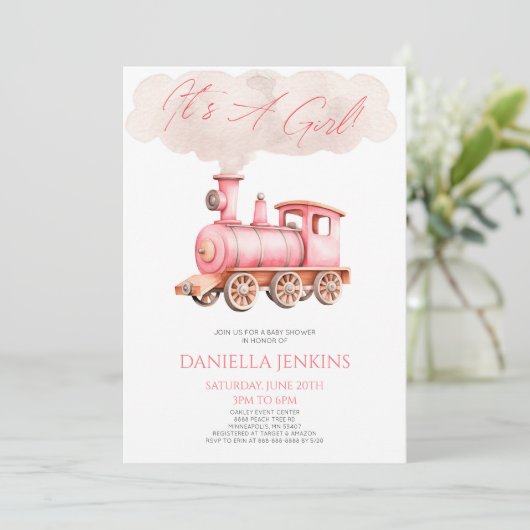 女の子だ！ピンクのヴィンテージ列車の赤ちゃんシャワー 招待状 (スタンド正面)