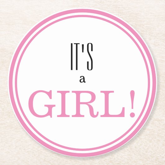 女の子だ!ピンクモダンベビー発表 ラウンドペーパーコースター (正面)