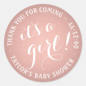 女の子だ！ピンクローズ金ゴールドホイルフェイクベビーシャワー ラウンドシール (正面)