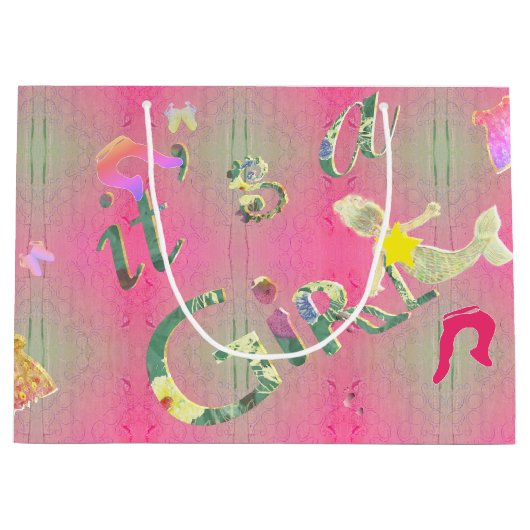 「女の子だ」ピンク図解入りの、写真付きのフローラフォントLrg. ラージペーパーバッグ (正面)