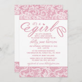 女の子だ！ピンク&ファンシーホワイトレース赤ちゃんシャワー 招待状 (正面/裏面)
