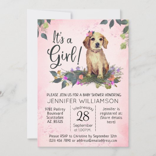 女の子だ！フローラパピーウォーター色ベビーシャワー 招待状 (正面)